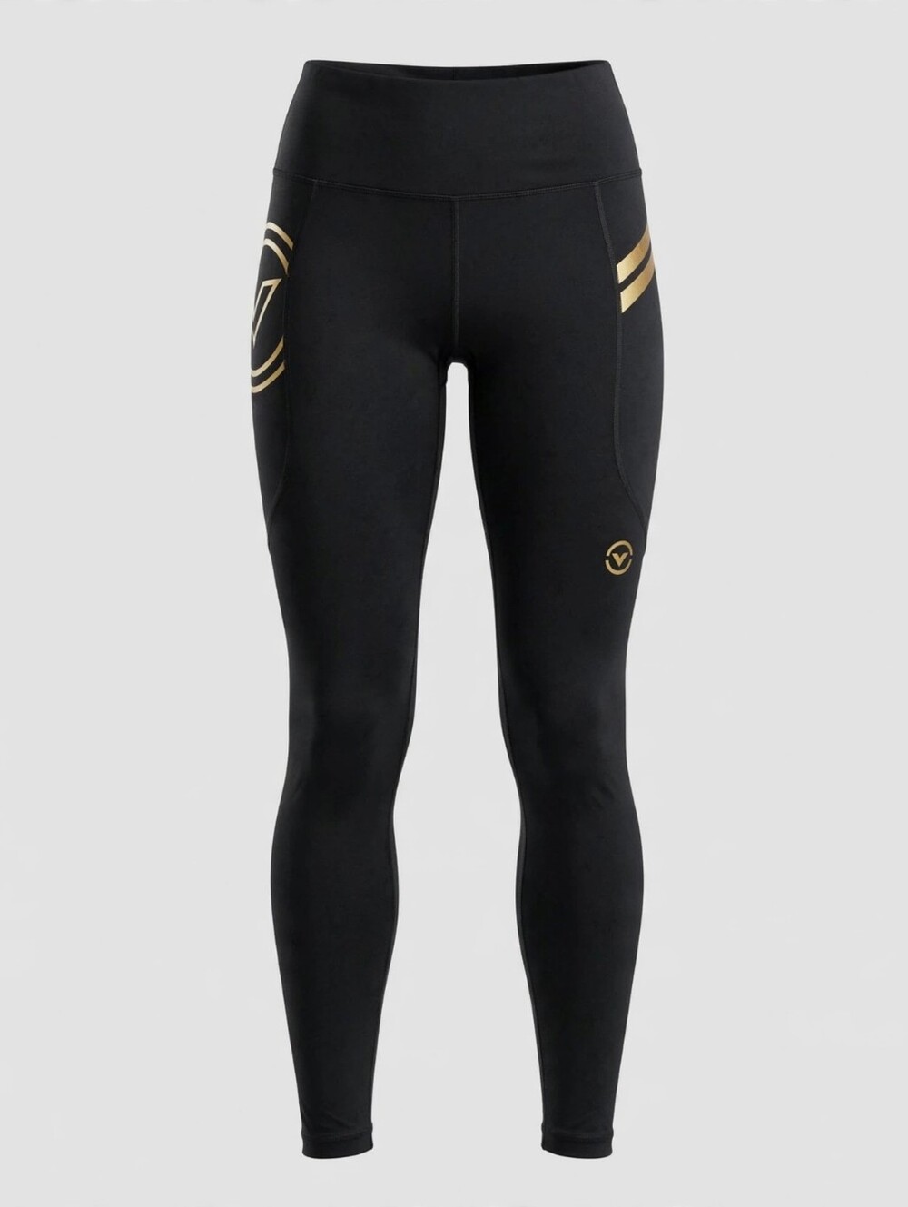 Virus Black Compression Leggings with Gold Stripe Accents